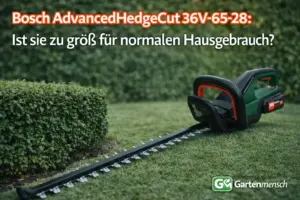 Artikelbild der Bosch AdvancedHedgeCut 36V-65-28 Akku-Heckenschere im Garten zum Thema, ob sie für normalen Hausgebrauch zu groß ist – Gartenmensch