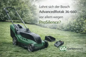 Bosch AdvancedRotak 36-660 Akku-Rasenmäher im Privatgarten – Artikelbild zur Frage, ob sich der leisere ProSilence-Vorteil im Alltag wirklich lohnt
