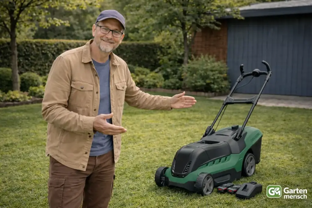 Tobias präsentiert den Bosch AdvancedRotak 36-660 Akku-Rasenmäher im Garten für Gartenmensch