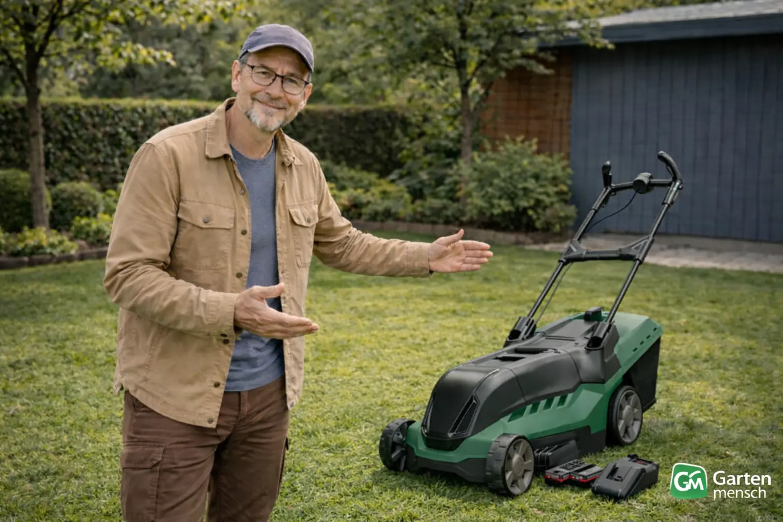 Tobias präsentiert den Bosch AdvancedRotak 36-660 Akku-Rasenmäher im Garten für Gartenmensch