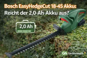 Artikelbild der Bosch EasyHedgeCut 18-45 Akku-Heckenschere zum Thema Akku-Laufzeit und 2,0-Ah-Akku im Alltag – Gartenmensch