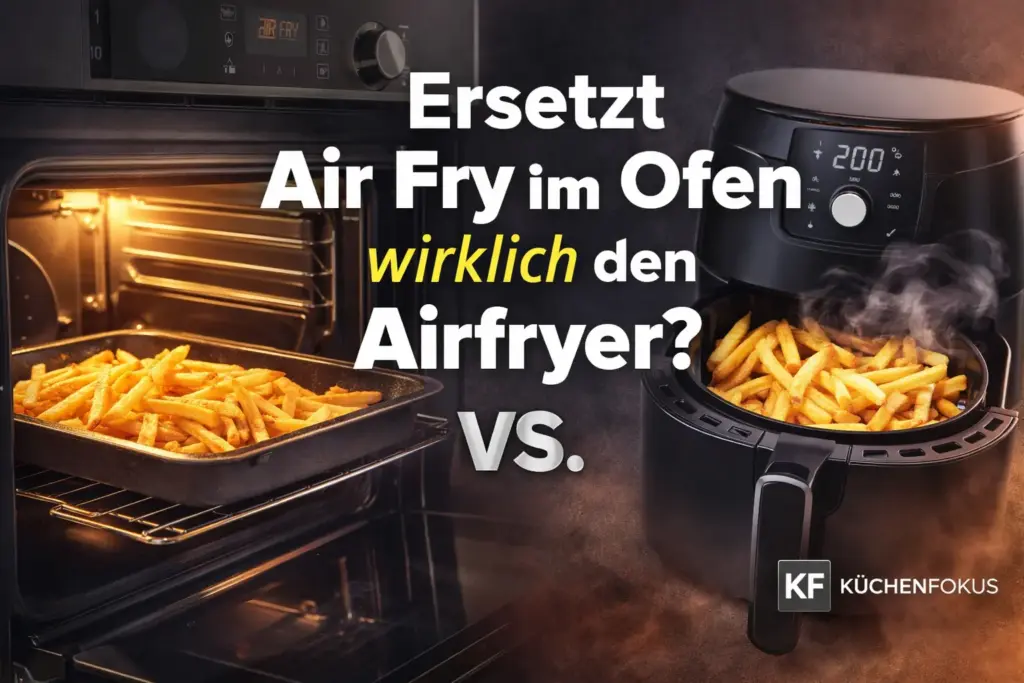 Bosch HBG578BB3 Backofen mit Air-Fry-Funktion im Vergleich zu einem separaten Airfryer mit Pommes und der Aufschrift „Ersetzt Air Fry im Ofen wirklich den Airfryer?“ plus Küchenfokus Logo unten rechts.