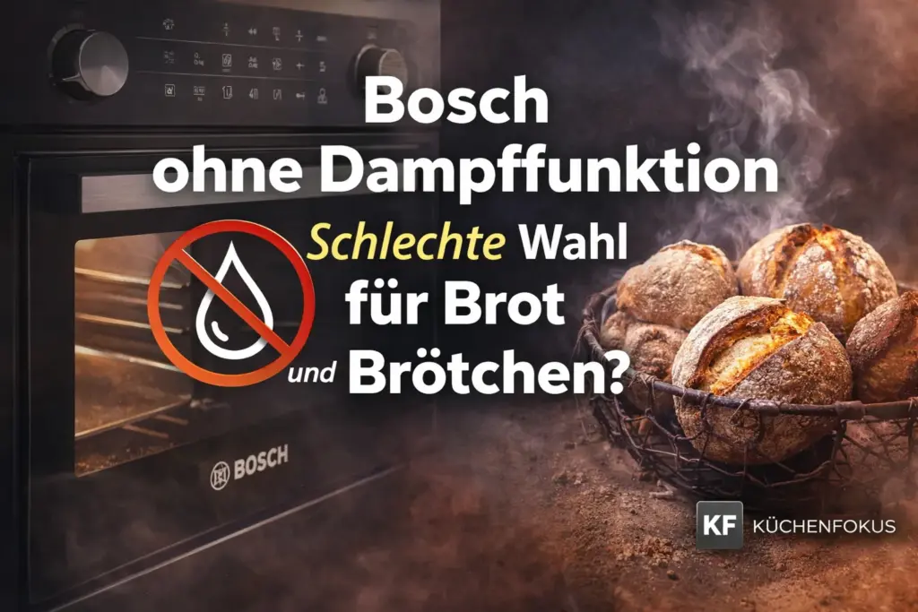Bosch HBG578BB3 Backofen ohne Dampffunktion neben frisch gebackenen Broten und Brötchen mit der Aufschrift „Schlechte Wahl für Brot und Brötchen?“ sowie Küchenfokus Logo unten rechts.