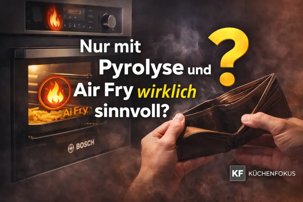 Bosch HBG578BB3 Backofen mit Symbolen für Pyrolyse und Air Fry, geöffnetem Geldbeutel und der Aufschrift „Nur mit Pyrolyse und Air Fry wirklich sinnvoll?“ sowie Küchenfokus Logo unten rechts.