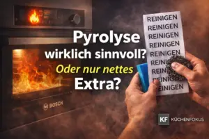 Bosch HBG578BB3 Backofen mit Pyrolyse-Symbol, Flammen im Ofenraum, Reinigungsutensilien in der Hand und der Aufschrift „Pyrolyse wirklich sinnvoll? Oder nur nettes Extra?“ sowie Küchenfokus Logo unten rechts.