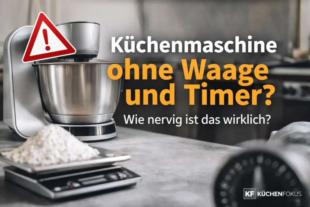 Bosch MUM5 Küchenmaschine ohne Waage und Timer auf der Arbeitsplatte mit Teigwaage im Vordergrund und dem Hinweis, wie nervig das im Alltag wirklich ist – Küchenfokus