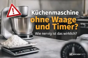 Bosch MUM5 Küchenmaschine ohne Waage und Timer auf der Arbeitsplatte mit Teigwaage im Vordergrund und dem Hinweis, wie nervig das im Alltag wirklich ist – Küchenfokus