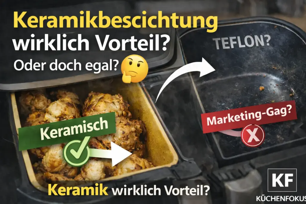 COSORI Turbo Tower Pro Heißluftfritteuse mit Fokus auf die Keramikbeschichtung im Garraum und emotionaler Frage, ob sie im Alltag wirklich ein Vorteil ist, mit Küchenfokus Logo unten rechts.