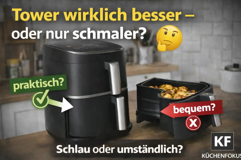 COSORI Turbo Tower Pro Heißluftfritteuse als Tower-Modell in einer Küche mit emotionaler Frage, ob das vertikale Format im Alltag wirklich besser oder nur schmaler ist, mit Küchenfokus Logo unten rechts.