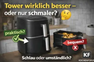 COSORI Turbo Tower Pro Heißluftfritteuse als Tower-Modell in einer Küche mit emotionaler Frage, ob das vertikale Format im Alltag wirklich besser oder nur schmaler ist, mit Küchenfokus Logo unten rechts.