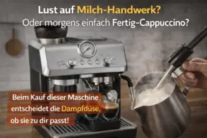 Artikelbild zur De’Longhi La Specialista Arte mit manueller Dampflanze und Milchkännchen sowie der Aussage, dass die Siebträgermaschine bei Milchgetränken vor allem für Lernwillige statt für reine Komfortkäufer passt.