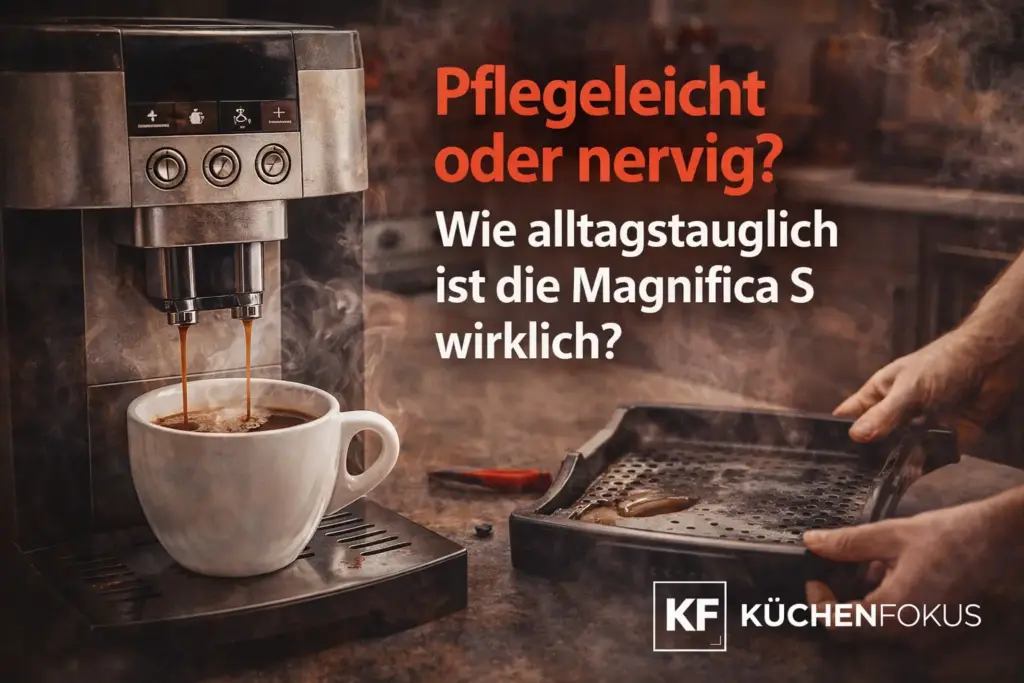 Artikelbild zur De’Longhi Magnifica S mit Kaffeetasse und herausgenommener Abtropfschale sowie der Frage, wie alltagstauglich und pflegeleicht der Kaffeevollautomat wirklich ist.
