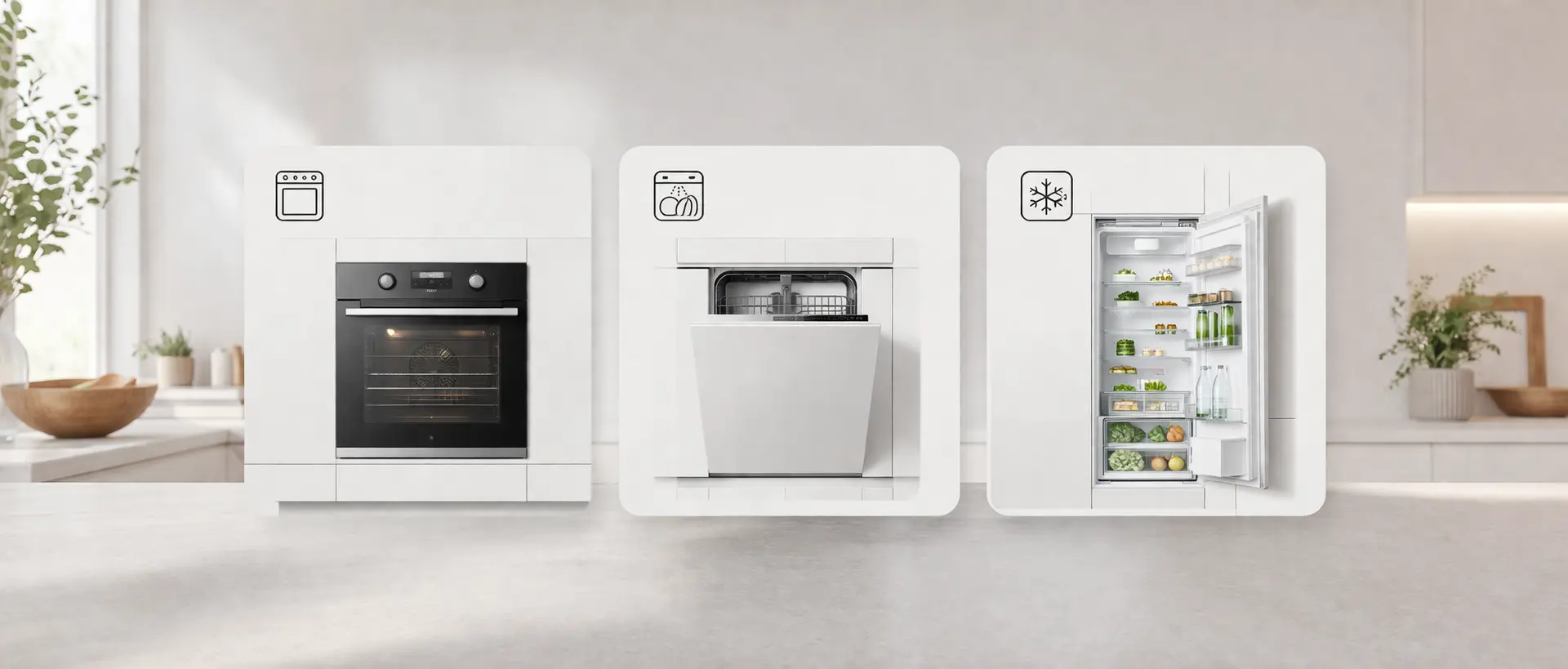 Panorama-Banner für die Hubseite Einbaugeräte mit Backofen, Spülmaschine und Kühlschrank in moderner heller Küche