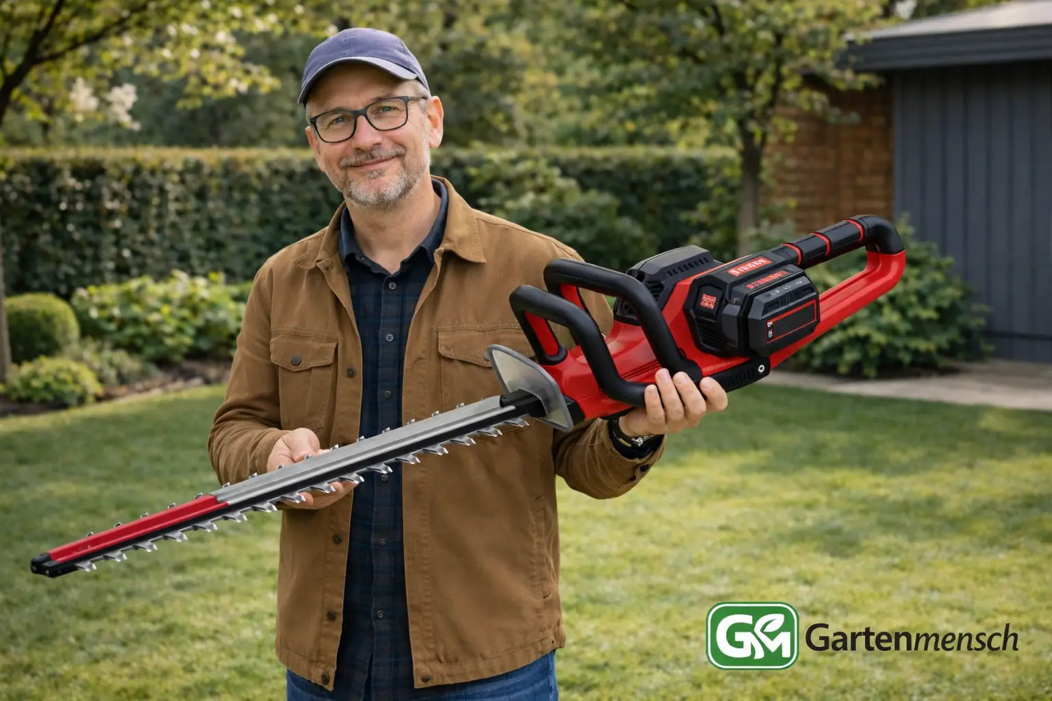 Tobias präsentiert die Einhell GE-CH 36/65 Li-Solo Akku-Heckenschere im Garten für den Gartenmensch Testartikel.