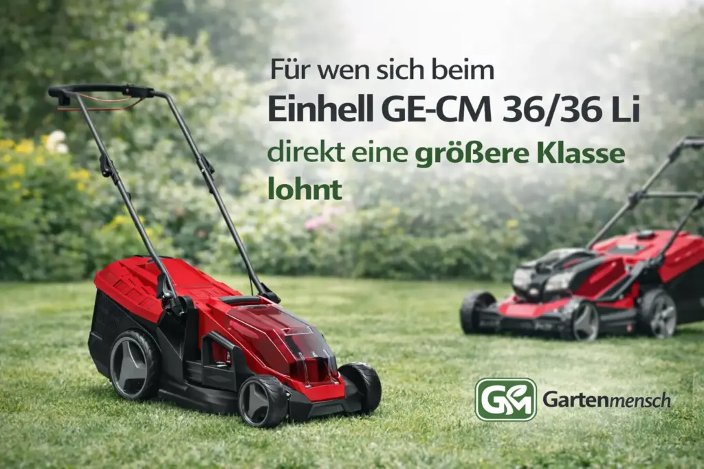 Einhell GE-CM 36/36 Li Akku-Rasenmäher im Privatgarten mit größerem Rasenmäher im Hintergrund – Artikelbild zum Vergleich der passenden Geräteklasse