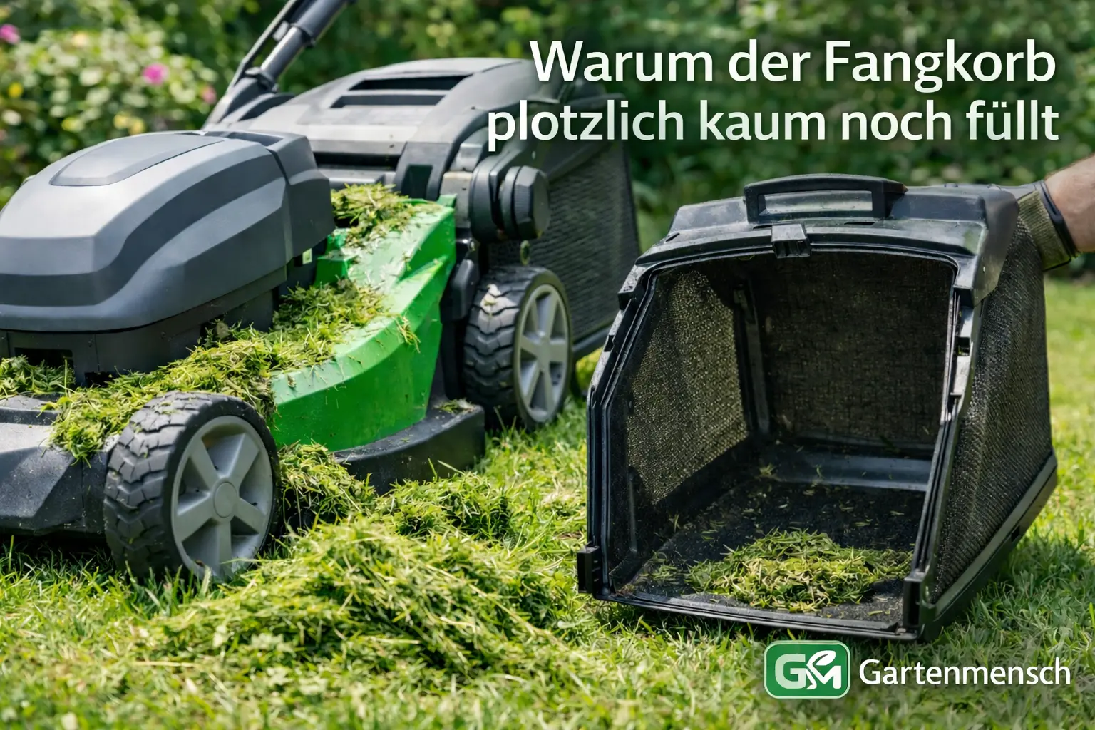 Akku-Rasenmäher mit fast leerem Fangkorb und liegen gebliebenem Schnittgut auf dem Rasen – typisches Fangkorb-Problem bei Gartenmensch