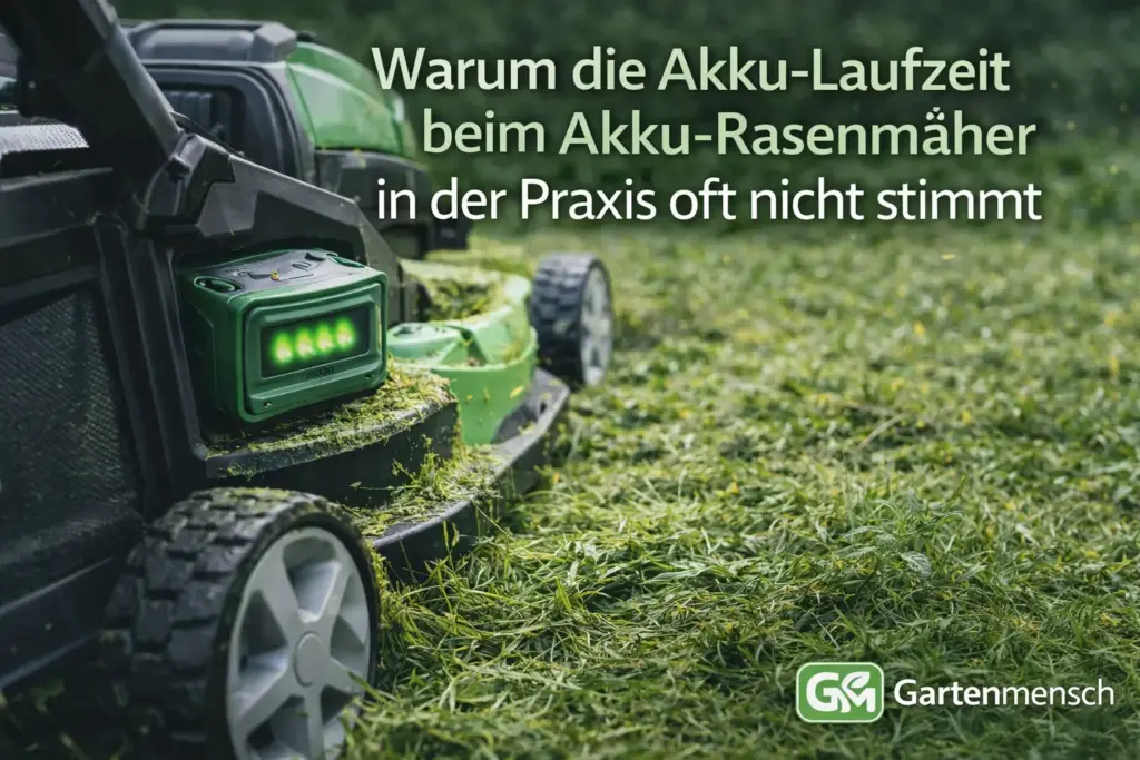 Artikelbild von Gartenmensch: Akku-Rasenmäher mit vollem Akku beim Mähen von dichtem Gras – warum die Akku-Laufzeit in der Praxis oft kürzer ausfällt