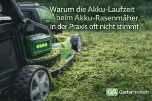 Artikelbild von Gartenmensch: Akku-Rasenmäher mit vollem Akku beim Mähen von dichtem Gras – warum die Akku-Laufzeit in der Praxis oft kürzer ausfällt