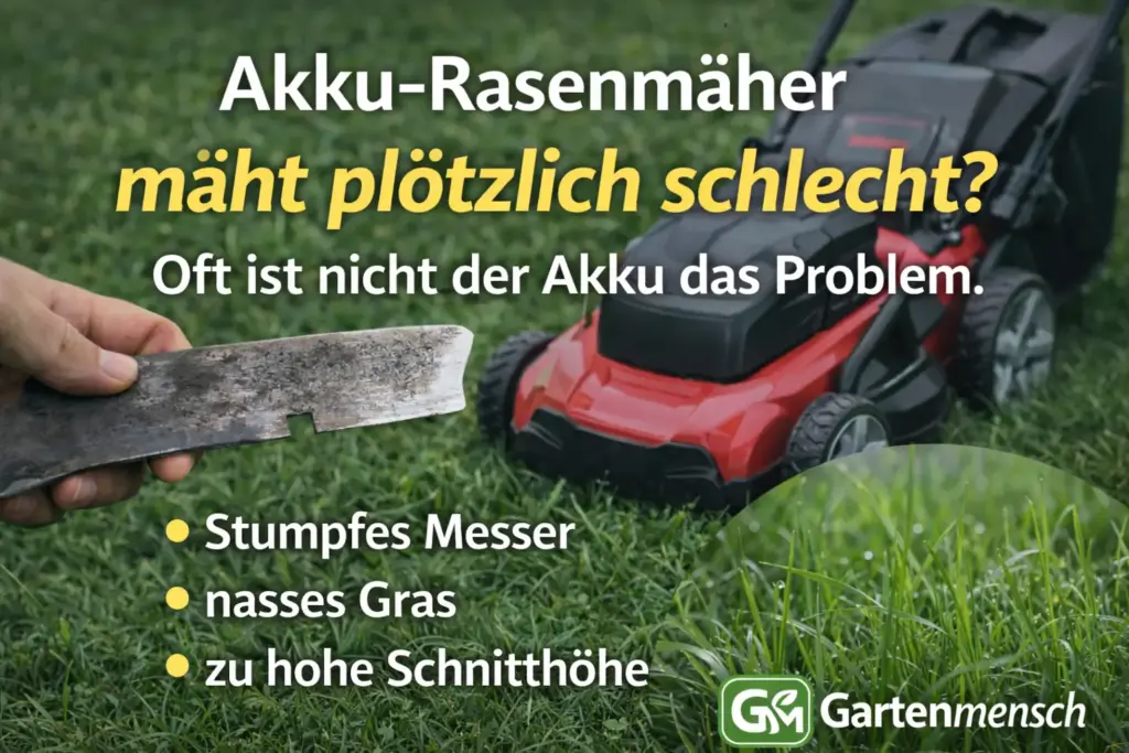 Gartenmensch Artikelbild: Akku-Rasenmäher mäht plötzlich schlecht – häufige Ursachen sind stumpfes Messer, nasses Gras und eine falsche Schnitthöhe