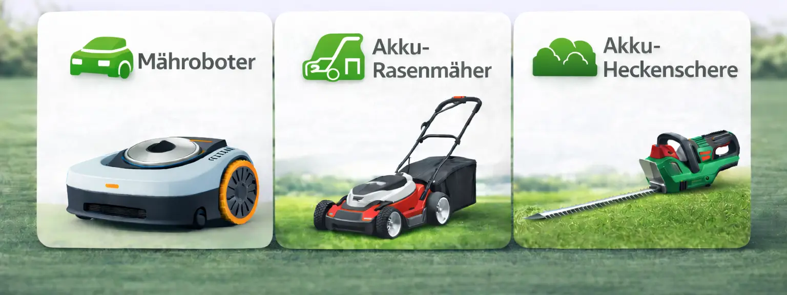 Panorama-Bild von Gartenmensch mit Mähroboter, Akku-Rasenmäher und Akku-Heckenschere für die Garten-Seite