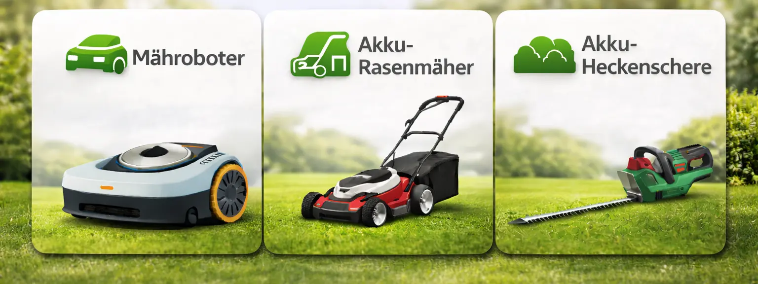 Panorama-Bild von Gartenmensch mit Mähroboter, Akku-Rasenmäher und Akku-Heckenschere für die Gartengeräte-Seite