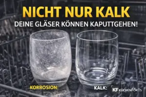 Zwei Gläser im Geschirrspüler im direkten Vergleich: links ein blindes, stumpfes Glas durch Korrosion, rechts ein klares Glas mit der Aufschrift „Nicht nur Kalk – deine Gläser können kaputtgehen!“.
