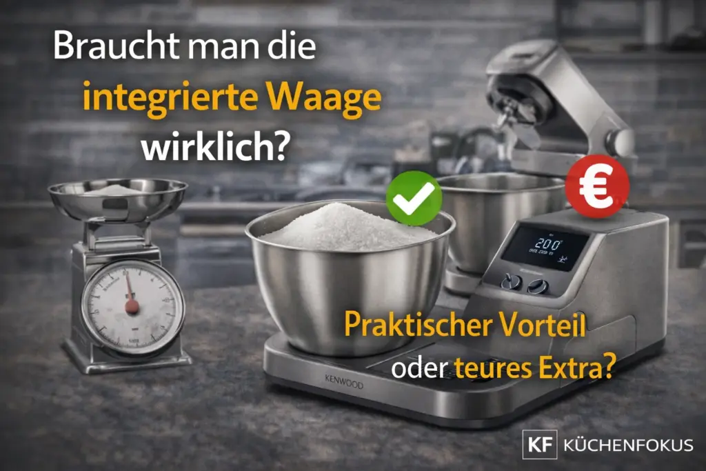 Kenwood Titanium Chef Baker Küchenmaschine mit integrierter Waage und separater Küchenwaage im Vergleich, mit der Frage, ob die eingebaute Waage im Back-Alltag wirklich ein echter Vorteil ist – Küchenfokus