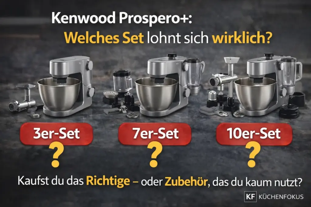 Kenwood Prospero+ Küchenmaschine im Vergleich von 3er-, 7er- und 10er-Set mit Zubehör, begleitet von der Frage, welches Set im Alltag wirklich sinnvoll ist – Küchenfokus
