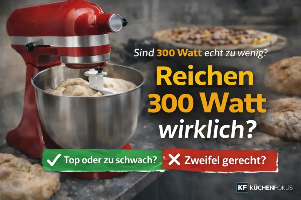 Rote Küchenmaschine ohne sichtbares Markenlogo mit Teig in der Schüssel, Brot und Pizza im Hintergrund sowie dem Hinweis, ob 300 Watt im Alltag wirklich ausreichen – Küchenfokus
