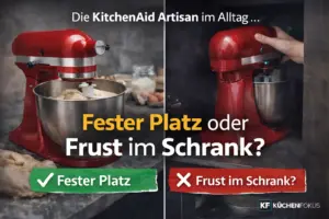 Rote Küchenmaschine ohne sichtbares Markenlogo im Vergleich zwischen festem Platz auf der Arbeitsplatte und Verstauen im Schrank, mit der Frage, ob die Nutzung im Alltag dadurch unpraktisch wird – Küchenfokus
