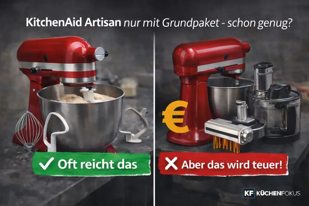 Rote Küchenmaschine ohne sichtbares Markenlogo im Vergleich zwischen Grundpaket und zusätzlichem Zubehör, mit der Frage, ob das Basispaket reicht oder spätere Aufsätze teuer werden – Küchenfokus