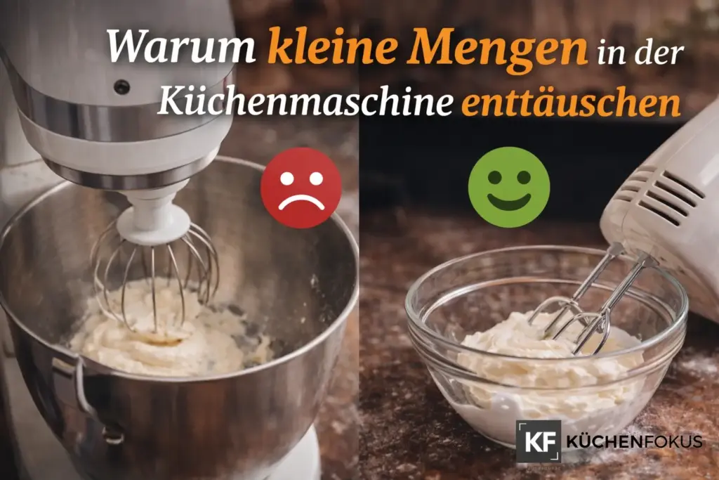 Küchenmaschine mit kleiner Menge in der Schüssel im Vergleich zu Handmixer in kleiner Glasschüssel – kleine Mengen sind in der Küchenmaschine oft unpraktischer