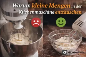 Küchenmaschine mit kleiner Menge in der Schüssel im Vergleich zu Handmixer in kleiner Glasschüssel – kleine Mengen sind in der Küchenmaschine oft unpraktischer