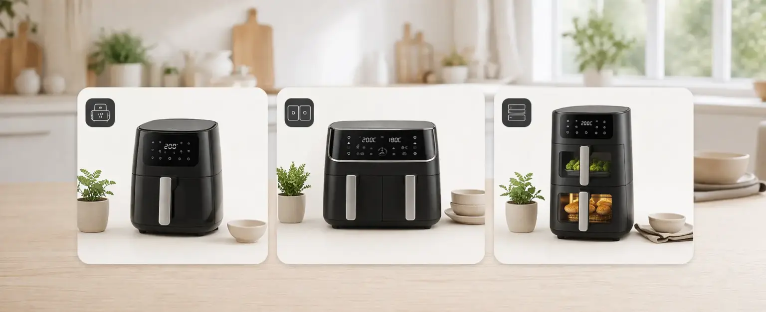 Panorama-Bild von Küchenfokus mit Airfryer, Dual-Zone-Heißluftfritteuse und Tower-Modell für die Airfryer-Themenwelt