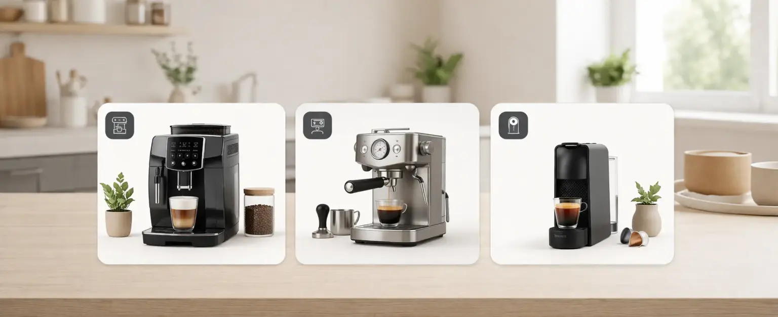 Panorama-Bild von Küchenfokus mit Kaffeevollautomat, Siebträgermaschine und Kapselmaschine für die Kaffeemaschinen-Themenwelt