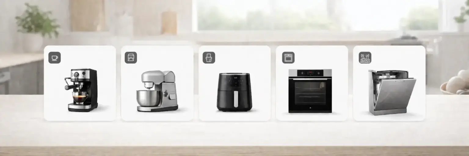 Panorama-Bild von Küchenfokus mit Kaffeemaschine, Küchenmaschine, Airfryer, Backofen und Spülmaschine für die Küchen-Themenwelt