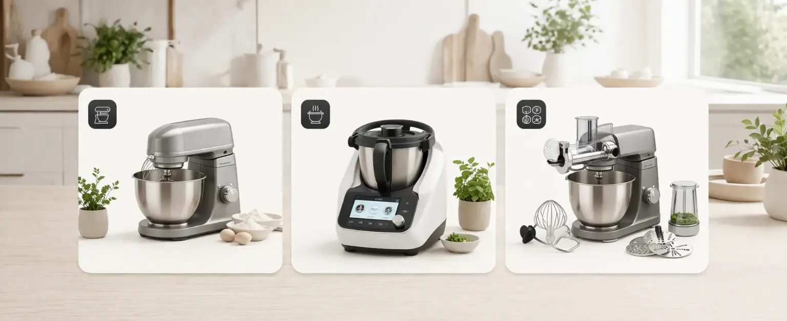 Panorama-Bild von Küchenfokus mit klassischer Küchenmaschine, Kochmaschine und Küchenmaschine mit Zubehör für die Küchenmaschinen-Themenwelt