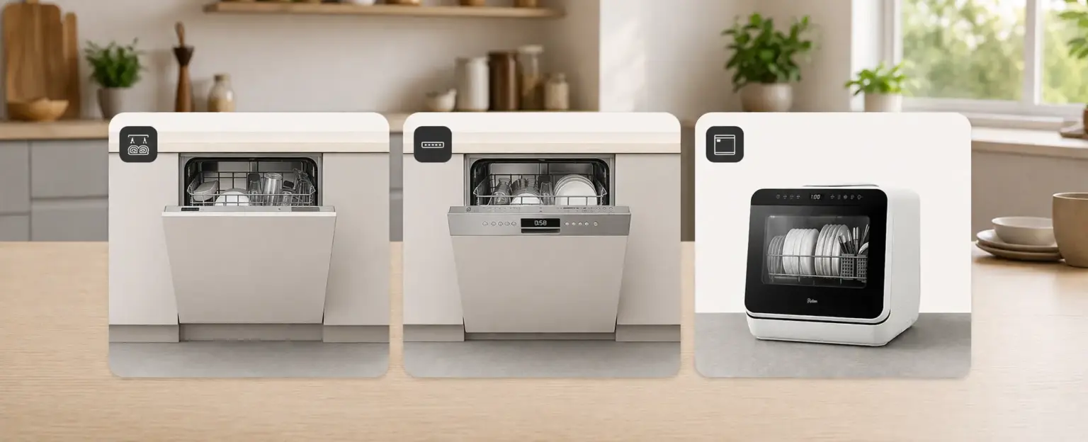 Panorama-Bild von Küchenfokus mit Einbau-Spülmaschine, teilintegrierter Spülmaschine und kompakter Tischspülmaschine für die Spülmaschinen-Themenwelt