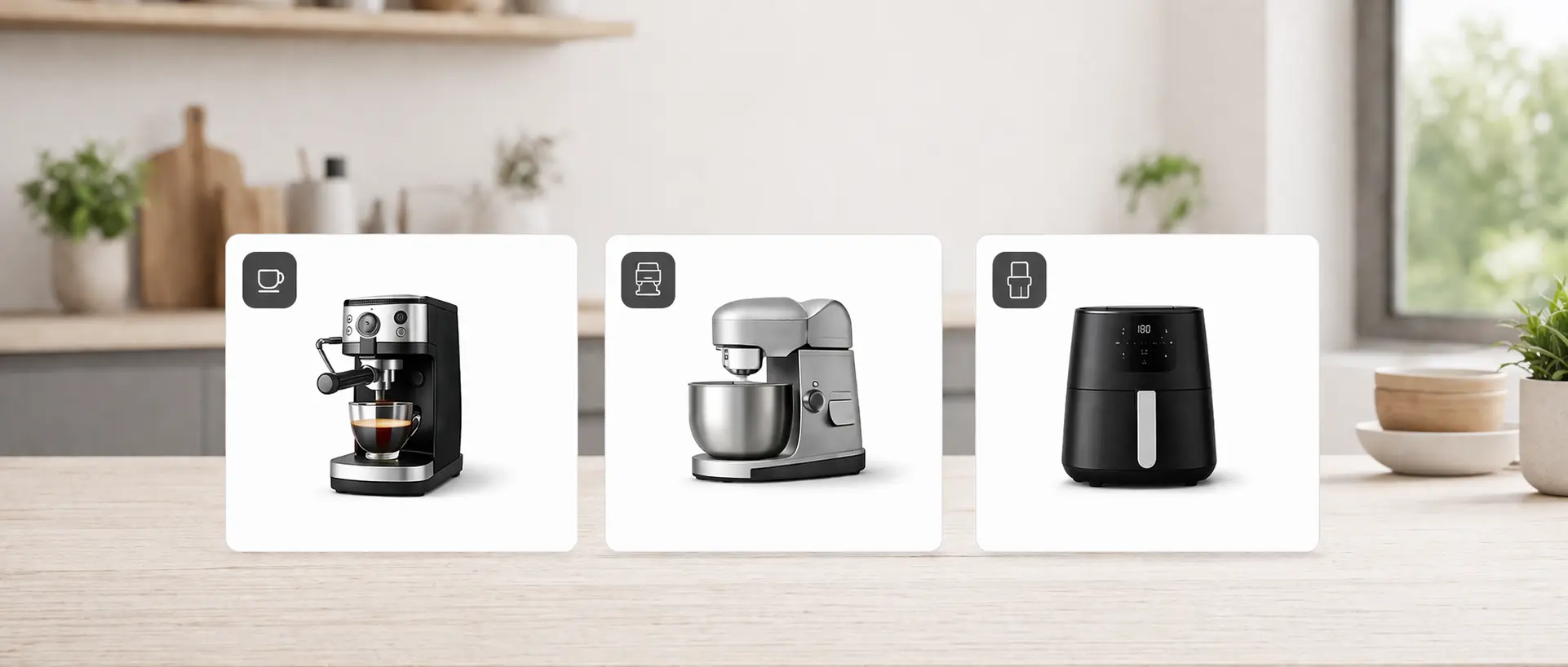 Moderne Küche mit Küchengeräten wie Kaffeemaschine, Küchenmaschine und Airfryer als Bild für die Küchengeräte-Hubseite
