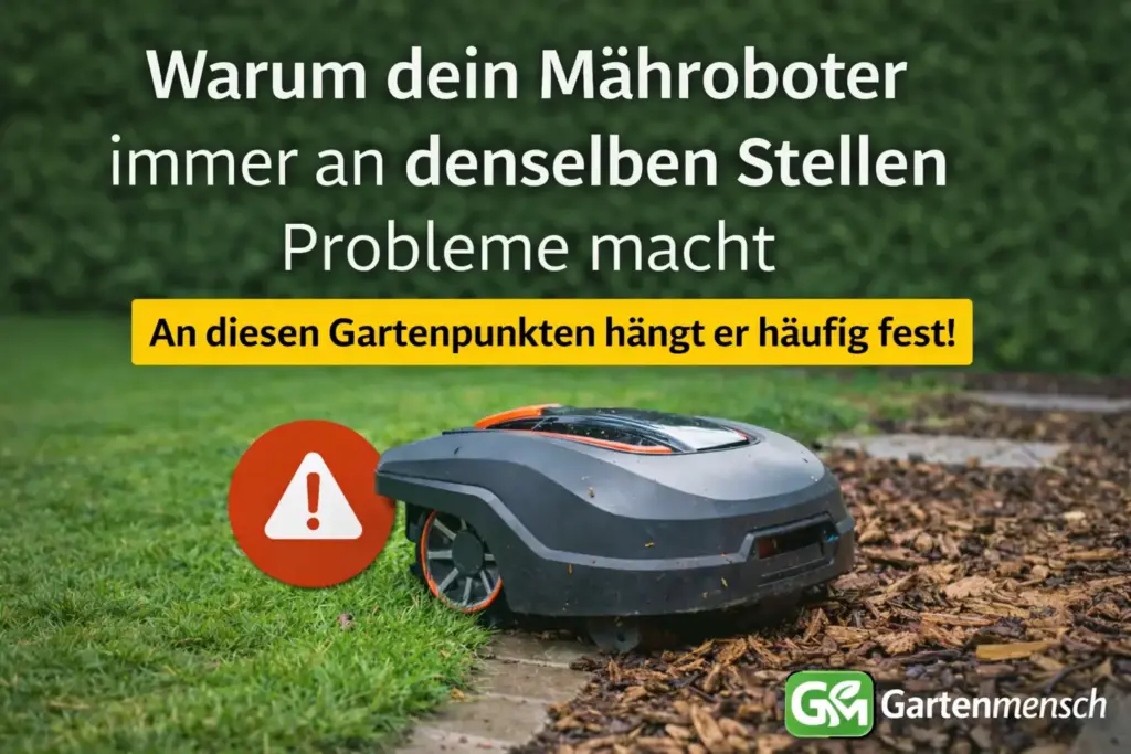 Mähroboter bleibt an einer kritischen Problemstelle im Garten zwischen Rasen und Mulch hängen