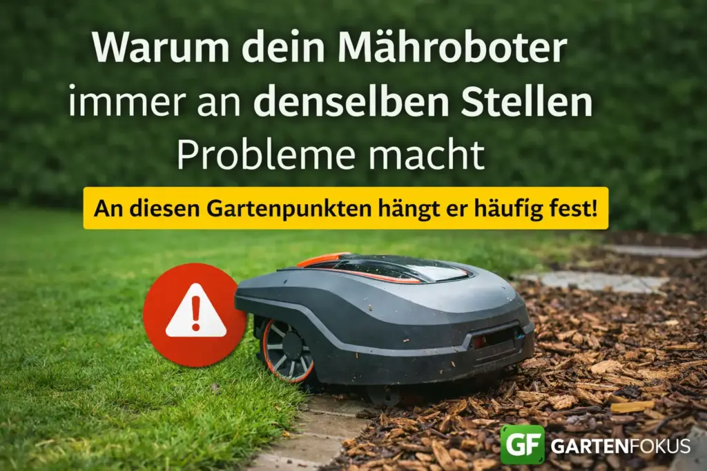 Mähroboter bleibt an einer kritischen Problemstelle im Garten zwischen Rasen und Mulch hängen