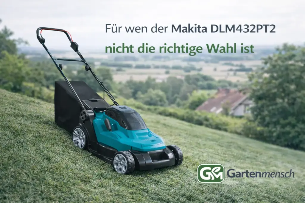 Makita DLM432PT2 Akku-Rasenmäher auf Hanglage im Privatgarten – Artikelbild zur Frage, für wen dieses Modell trotz starkem Set nicht die richtige Wahl ist