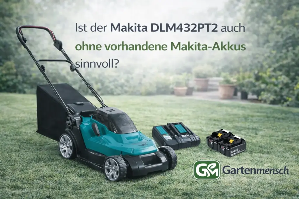 Makita DLM432PT2 Akku-Rasenmäher mit Akkus und Ladegerät im Privatgarten – Artikelbild zur Frage, ob sich der Kauf auch ohne vorhandenes Makita-LXT-System lohnt