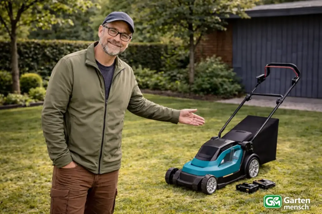 Tobias präsentiert den Makita DLM432PT2 Akku-Rasenmäher im Garten für Gartenmensch