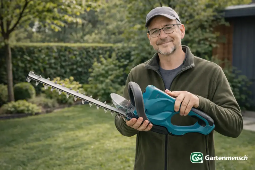 Tobias präsentiert die Makita DUH523Z Akku-Heckenschere im Garten, für den Gartenmensch Testartikel.