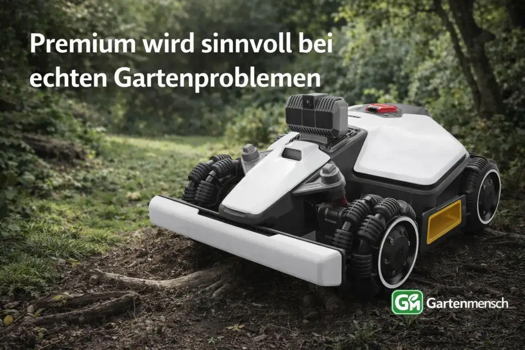 MAMMOTION LUBA mini AWD LiDAR Mähroboter in unebenem Garten mit Schriftzug „Premium wird sinnvoll bei echten Gartenproblemen“, Gartenmensch