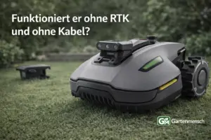MAMMOTION YUKA mini 2 500 Mähroboter auf Rasen mit Schriftzug „Funktioniert er ohne RTK und ohne Kabel?“ im Bild, Gartenmensch Artikelbild