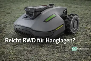 MAMMOTION YUKA mini 2 500 Mähroboter auf unebenem Rasen mit Schriftzug „Reicht RWD für Hanglagen?“ im Bild, Gartenmensch Artikelbild