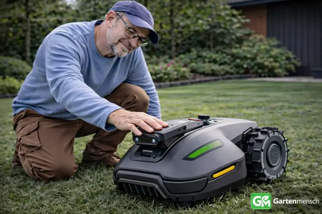 Tobias testet den MAMMOTION YUKA mini 2 500 Mähroboter im Garten mit kompakter Bauweise, Kamera-Navigation und kabelloser Steuerung