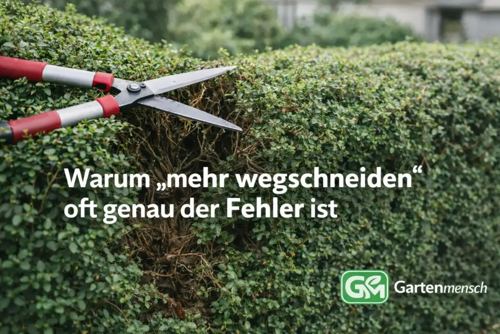 Heckenschere schneidet tief in eine Hecke mit kahler Innenzone – warum mehr wegschneiden beim Heckenschnitt oft genau der Fehler ist, Gartenmensch